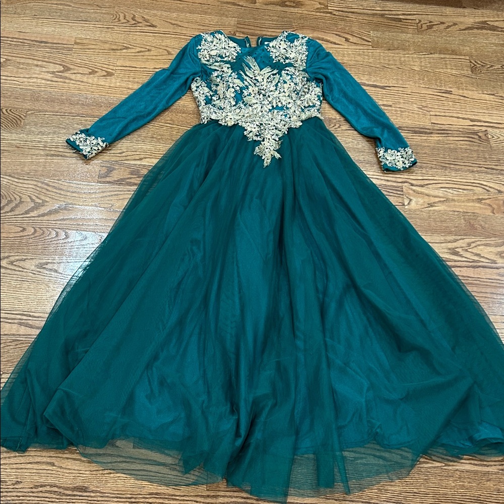 Elegant Teal Gown with Gold Embroidery